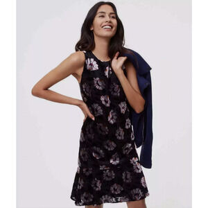Loft Burnout Velvet Swing Dress M Floral Black Sleeveless Ruffle hem Zip Brunch